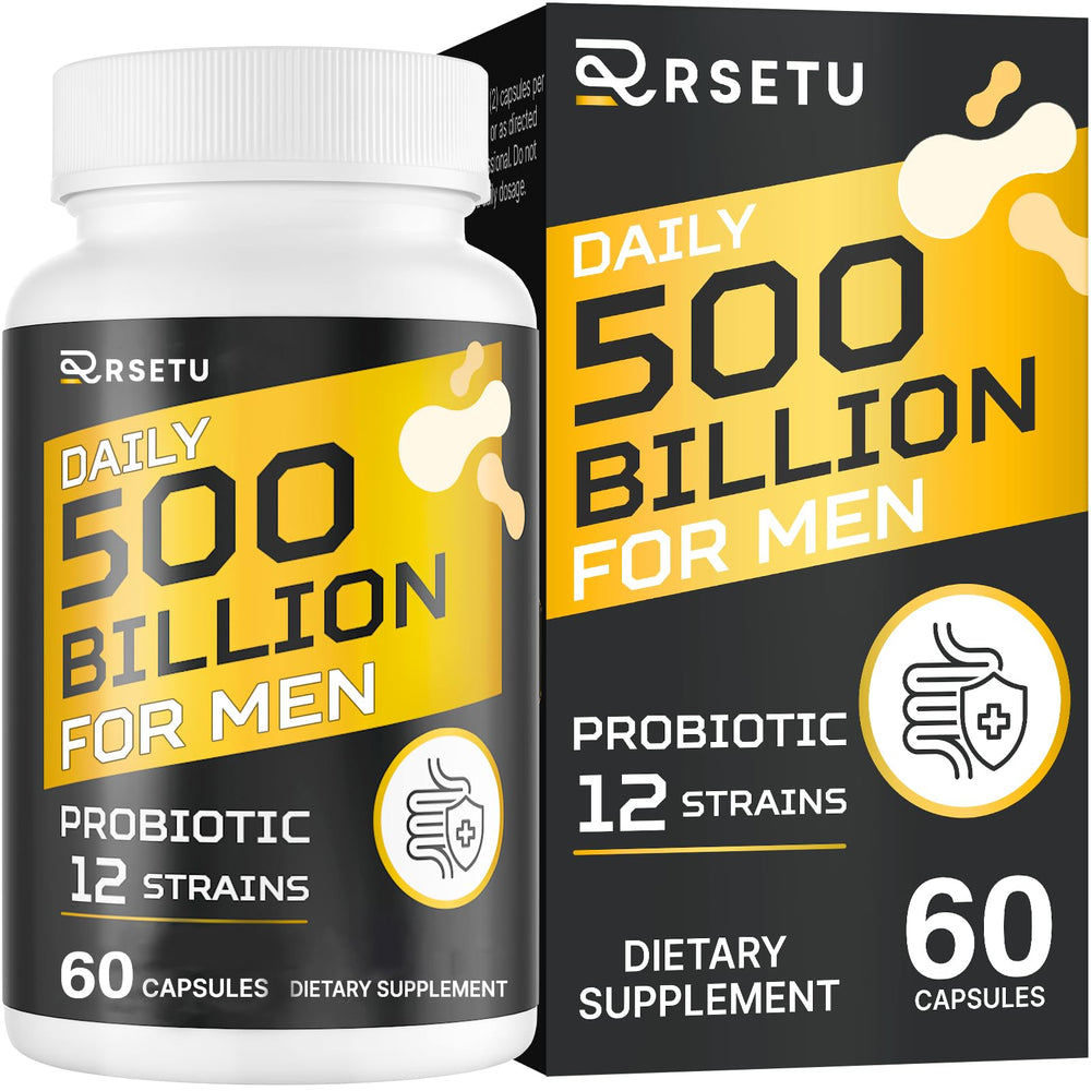 RSETU men's probiotic 500B CFU bottle promotes gut balance.