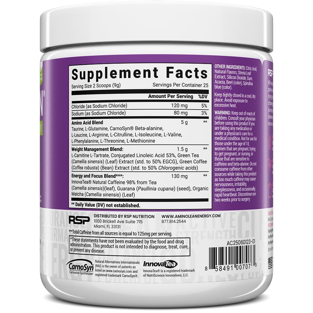 AminoLean Acai flavor powder in cup offers refreshing pre-workout taste.