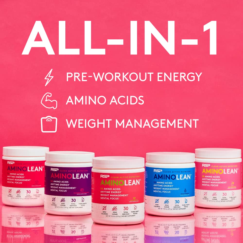 RSP NUTRITION AminoLean BCAA EAAs bottle highlights complete amino profile for lean muscle support