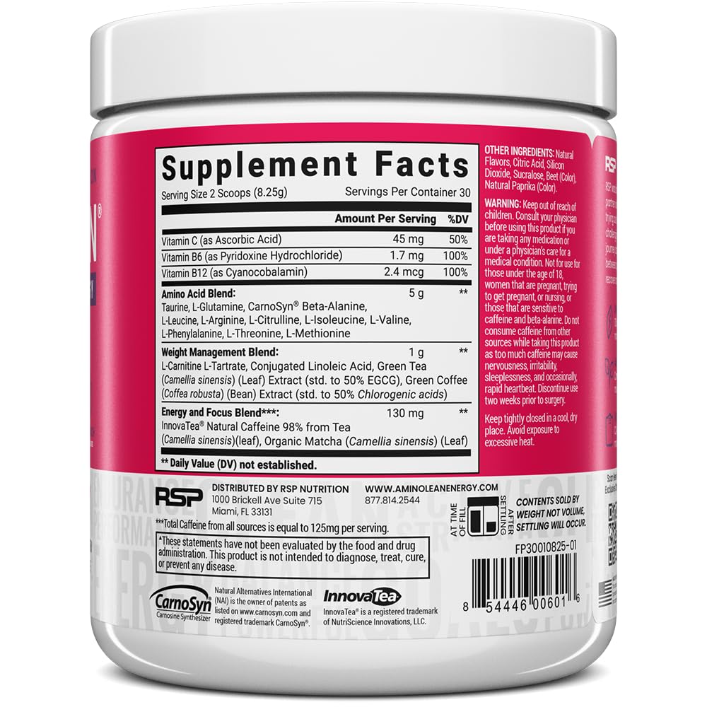 RSP NUTRITION AminoLean scoop with shaker suggests customizable energy without crashes