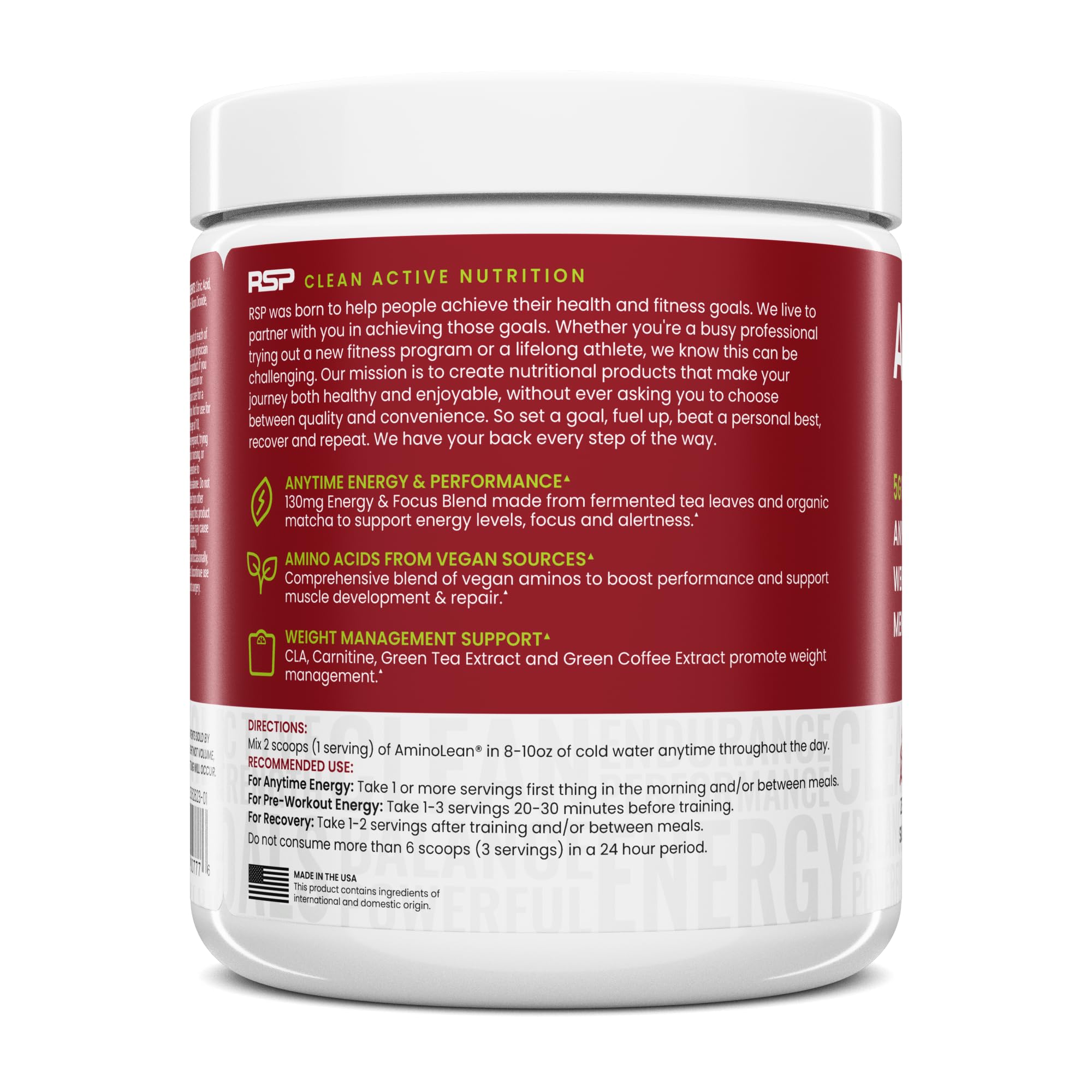 RSP NUTRITION AminoLean with natural green tea caffeine for clean energy without jitters.