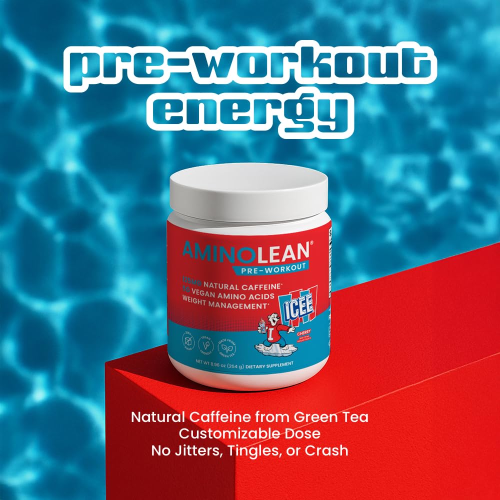 Ingredients panel showing vegan BCAAs and EAAs in AminoLean Icee Cherry.