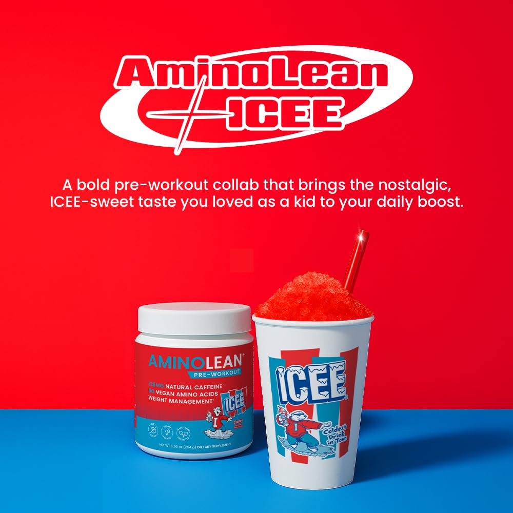 Close-up of AminoLean Icee Cherry label with natural caffeine.