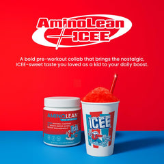 Close-up of AminoLean Icee Cherry label with natural caffeine.