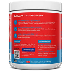 Scoop of AminoLean Icee Cherry beside the tub.