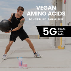 Close-up of AminoLean label highlights vegan BCAAs and EAAs profile