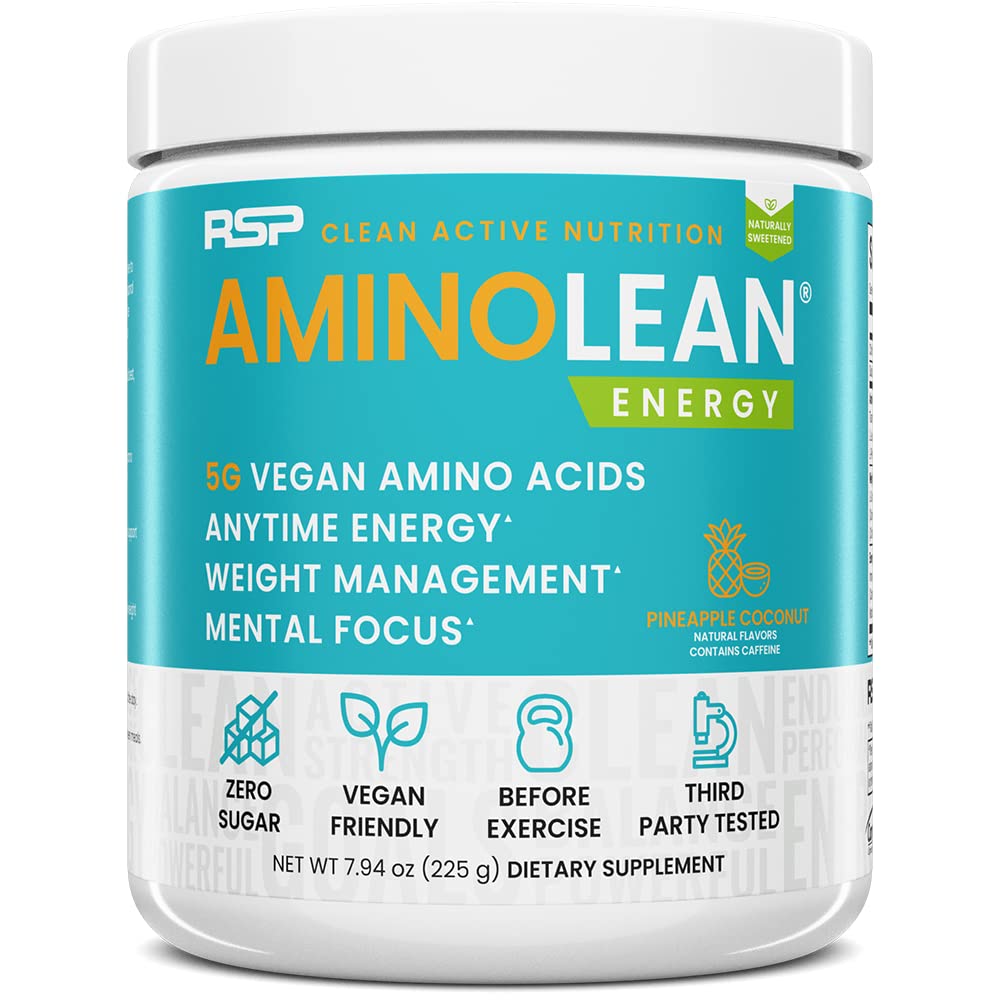 RSP Nutrition AminoLean pineapple coconut bottle showing natural energy boost