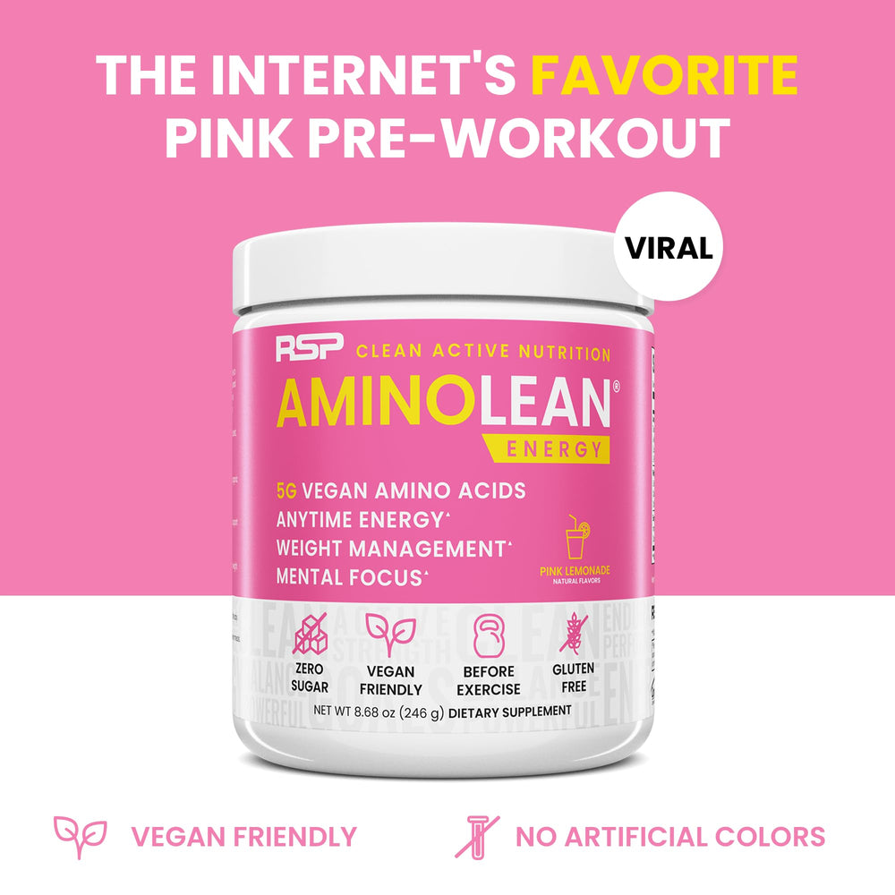 Pink lemonade powder in a glass highlighting the sugar-free pre-workout option
