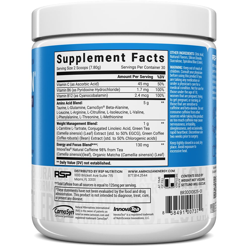 RSP Nutrition AminoLean powder mixed in glass shows refreshing, sugar-free energy