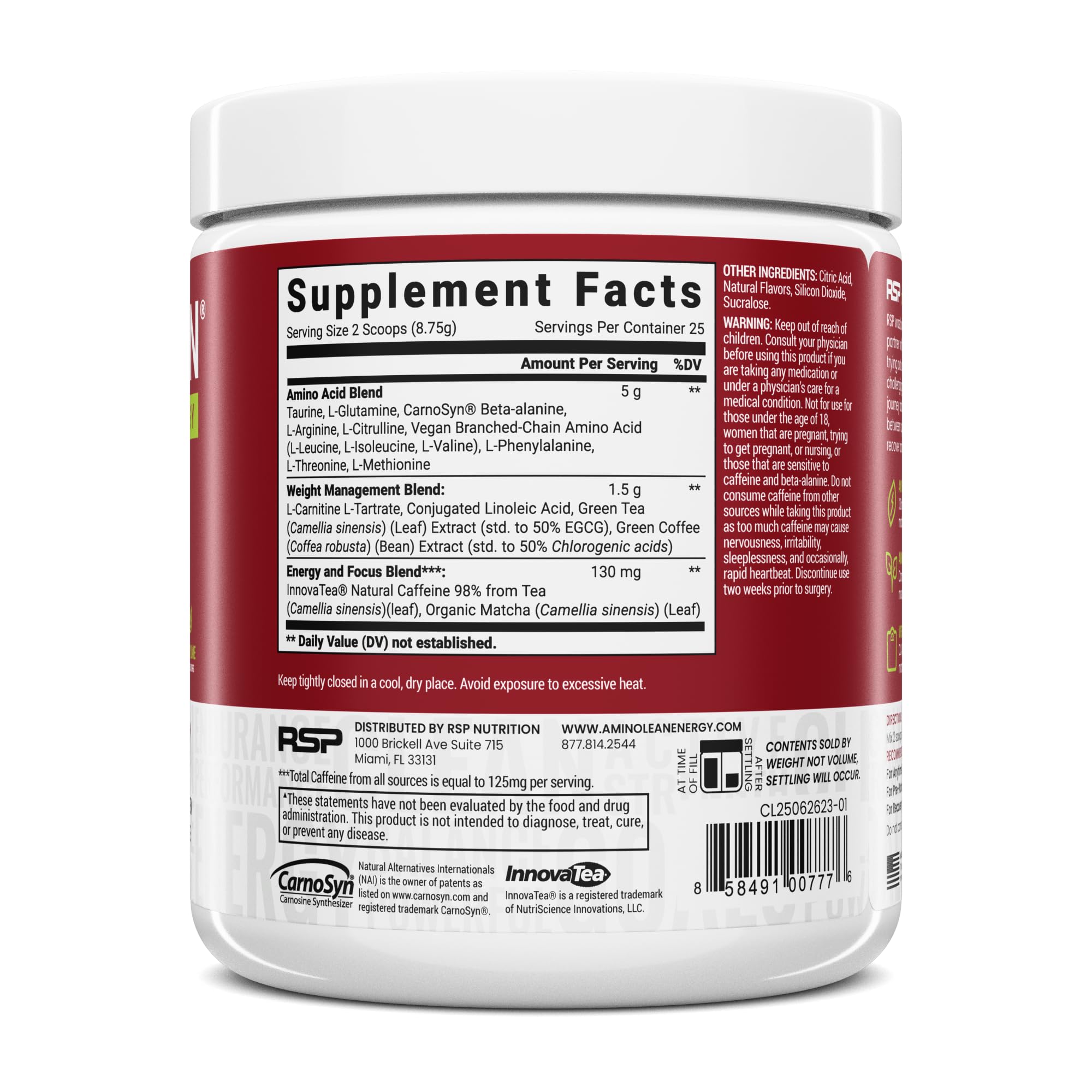 RSP NUTRITION AminoLean scoop beside a shaker for easy serving and accurate dosing.