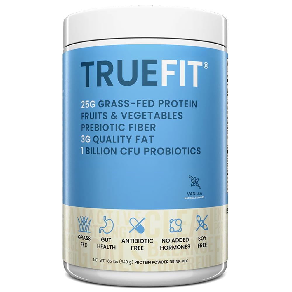 RSP NUTRITION TrueFit high-fiber protein powder tub showing grass-fed whey