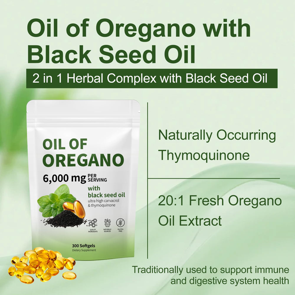 RTQSU bottle shows 6000MG oregano oil blend in 300 softgels front view.