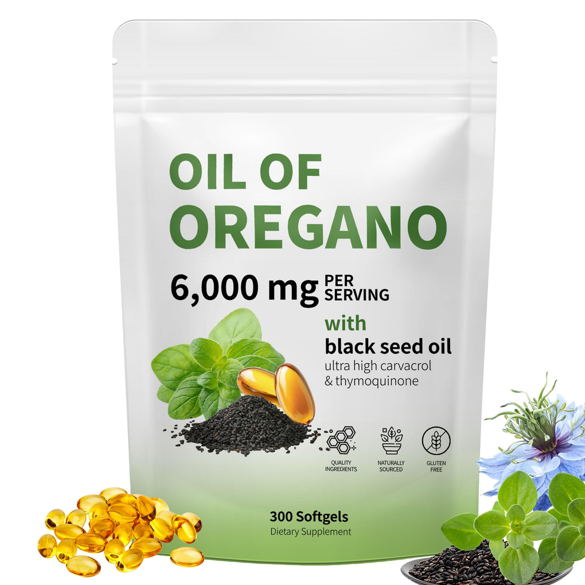 RTQSU Oil of Oregano with Black Seed Oil softgels bottle labeled for immune support.