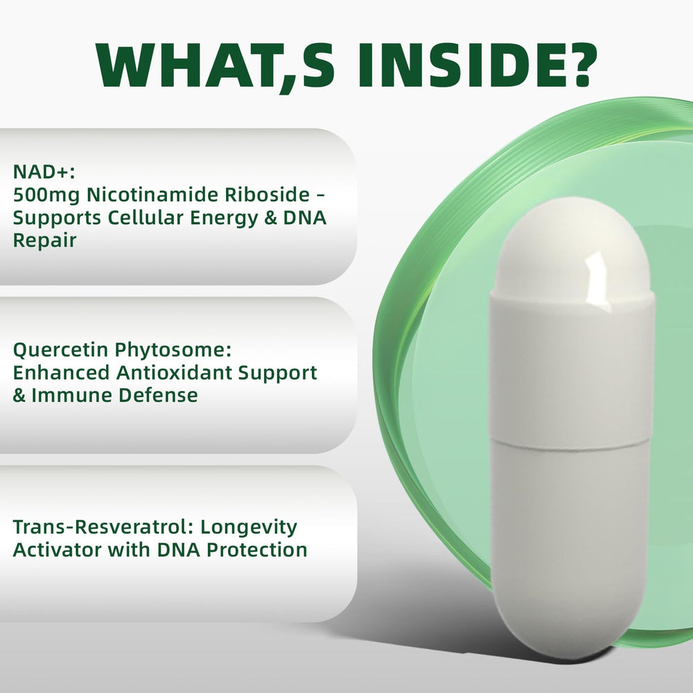 Rubimirez NAD+ ingredients highlight featuring NR and resveratrol for antioxidant support