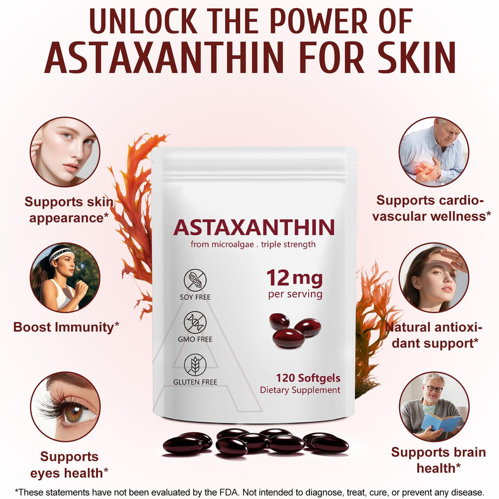 Ruduwu Astaxanthin softgels close-up showing natural antioxidant formula.
