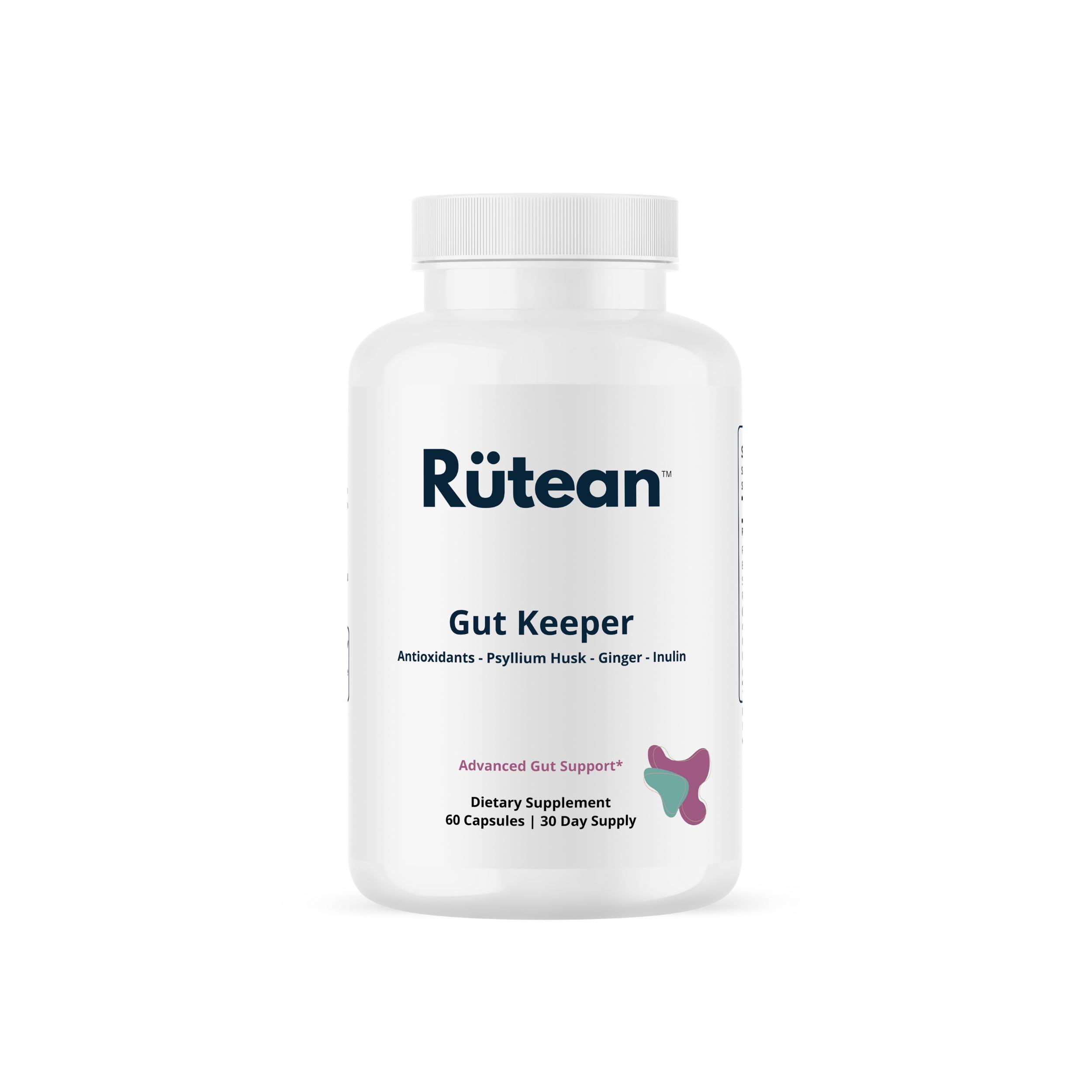 Rütean Gut Keeper bottle cap showing compact capsules for daily gut health support.