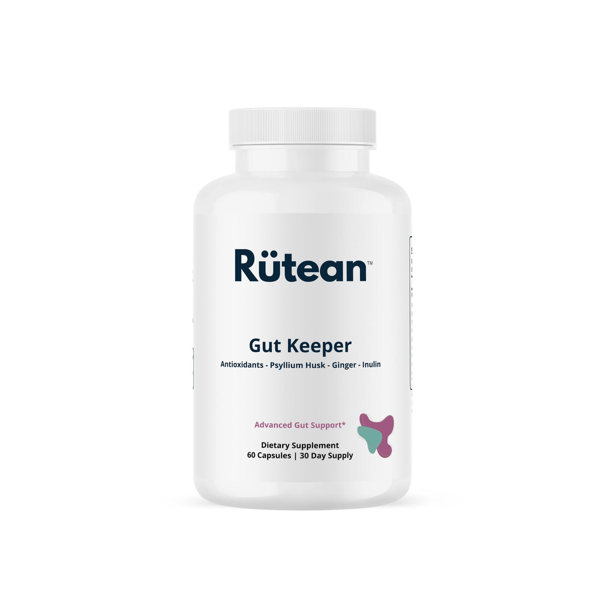 Rütean Gut Keeper bottle cap showing compact capsules for daily gut health support.