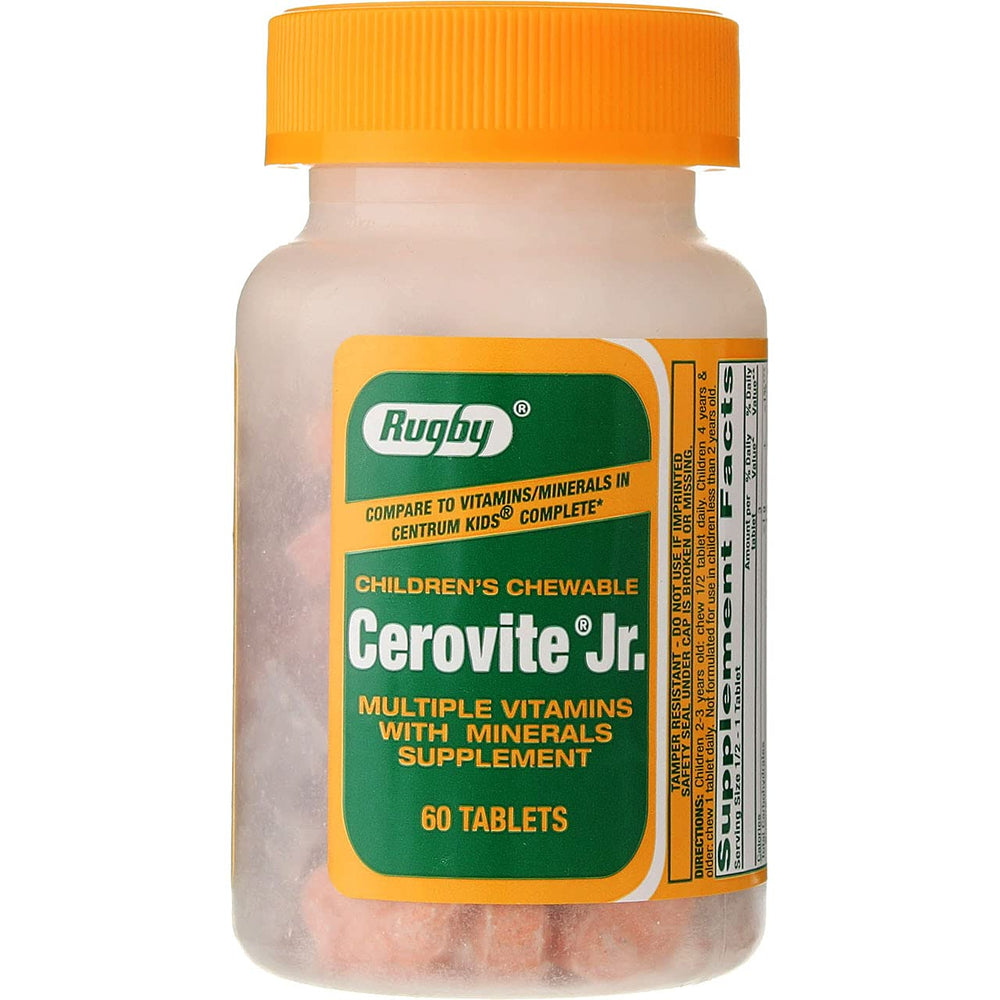 Rugby Cerovite Jr. bottle front showing kid-friendly multivitamin packaging for daily nutrition.