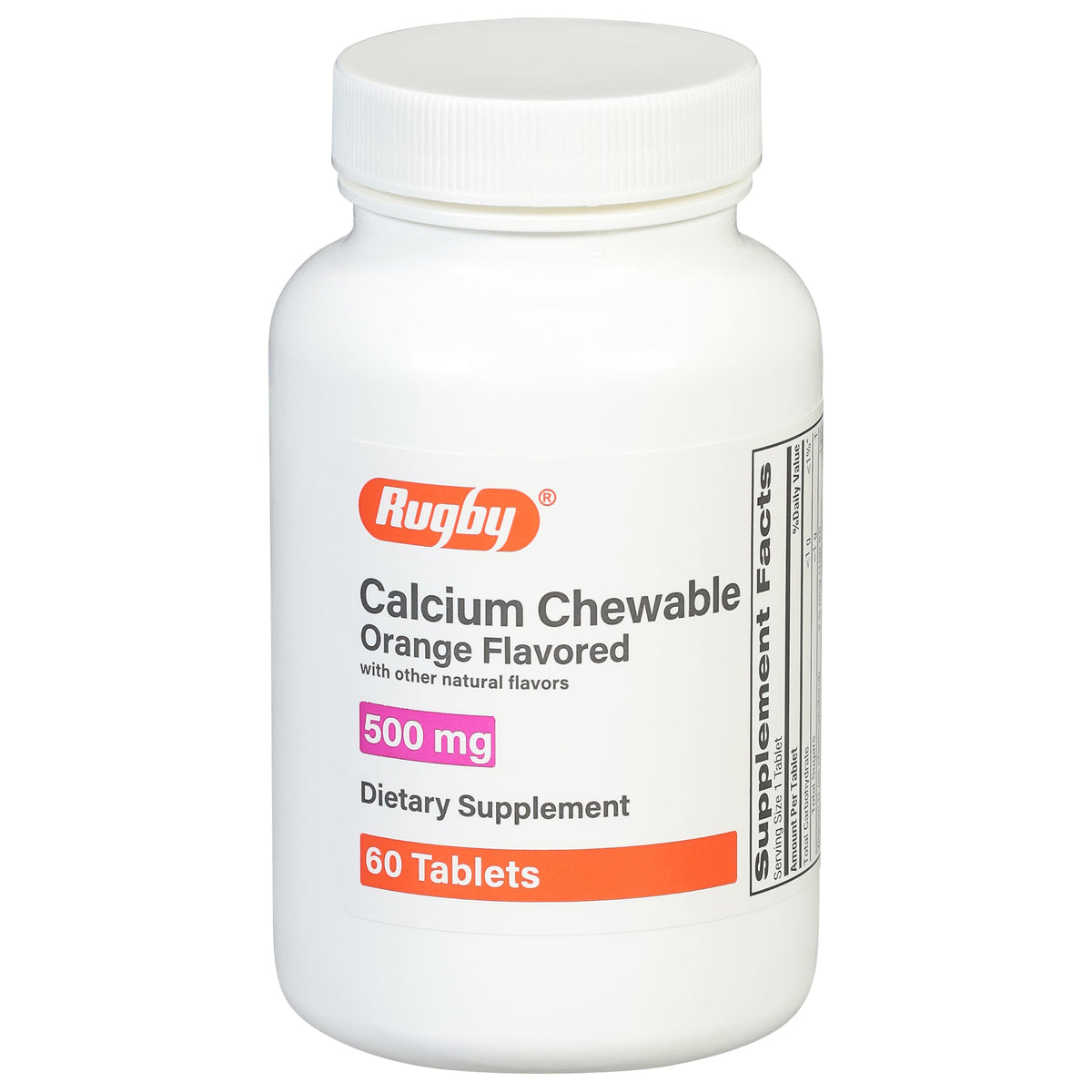 Rugby Laboratories calcium chewable bottle with orange flavor for daily support.