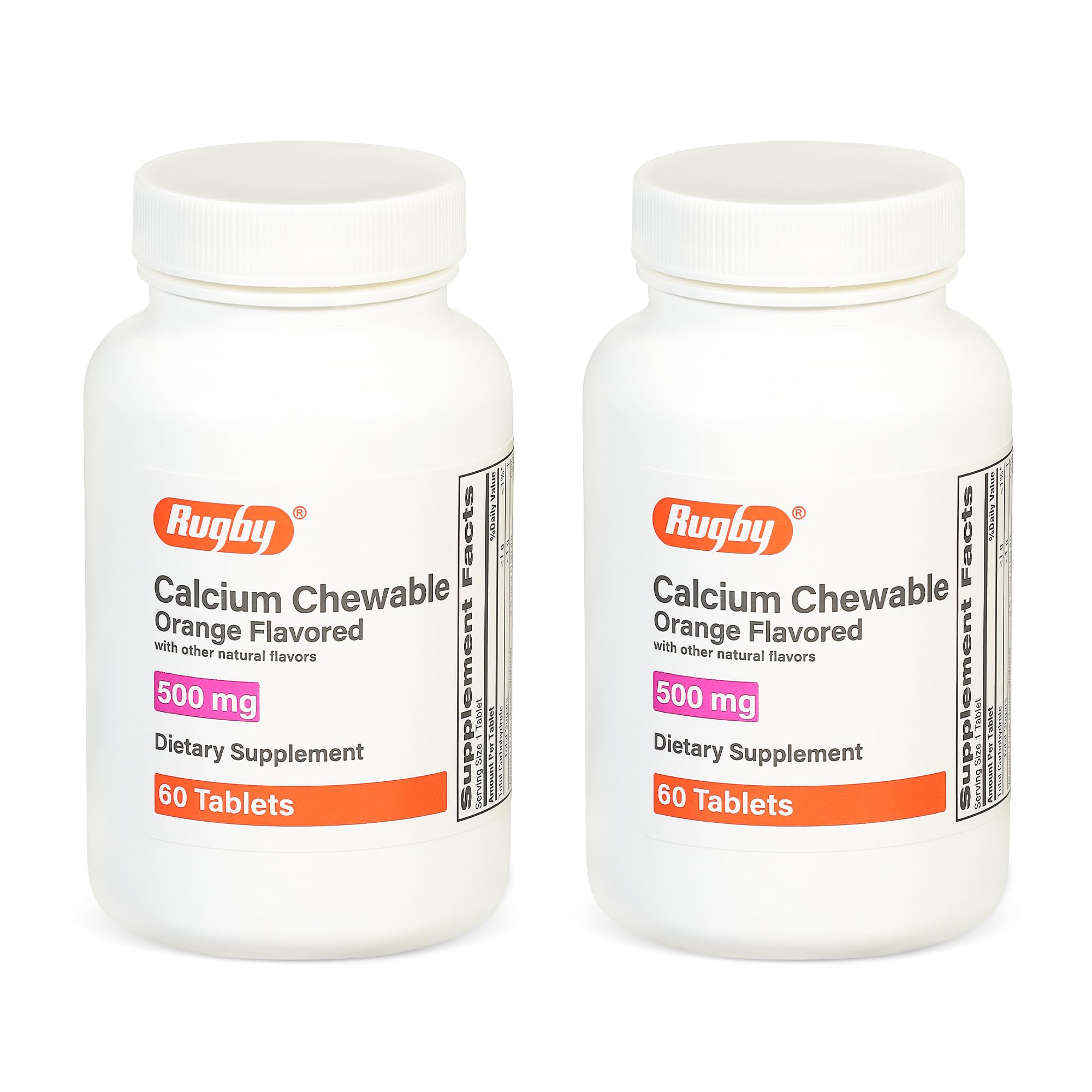Rugby Laboratories calcium chewable orange bottle; convenient daily supplement.