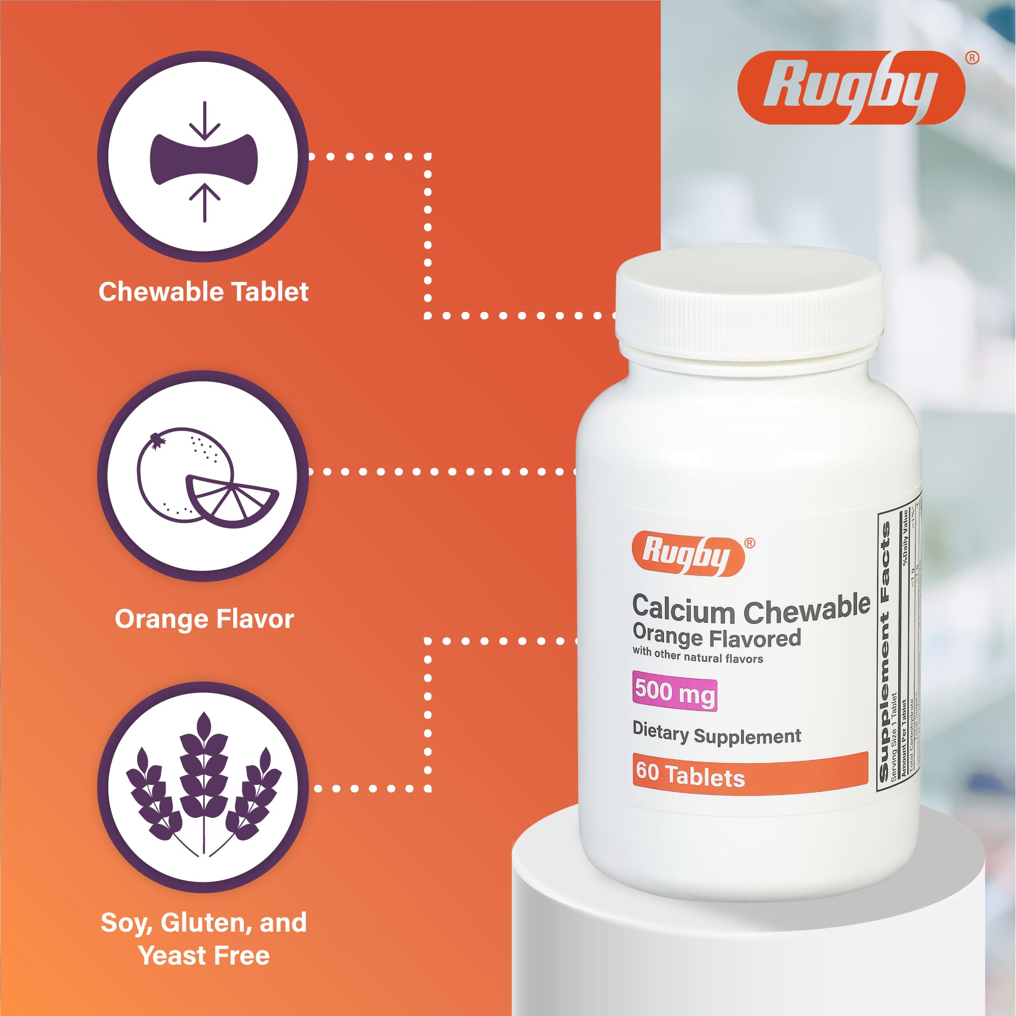 Rugby Laboratories calcium and vitamin D chewables in a practical bottle.