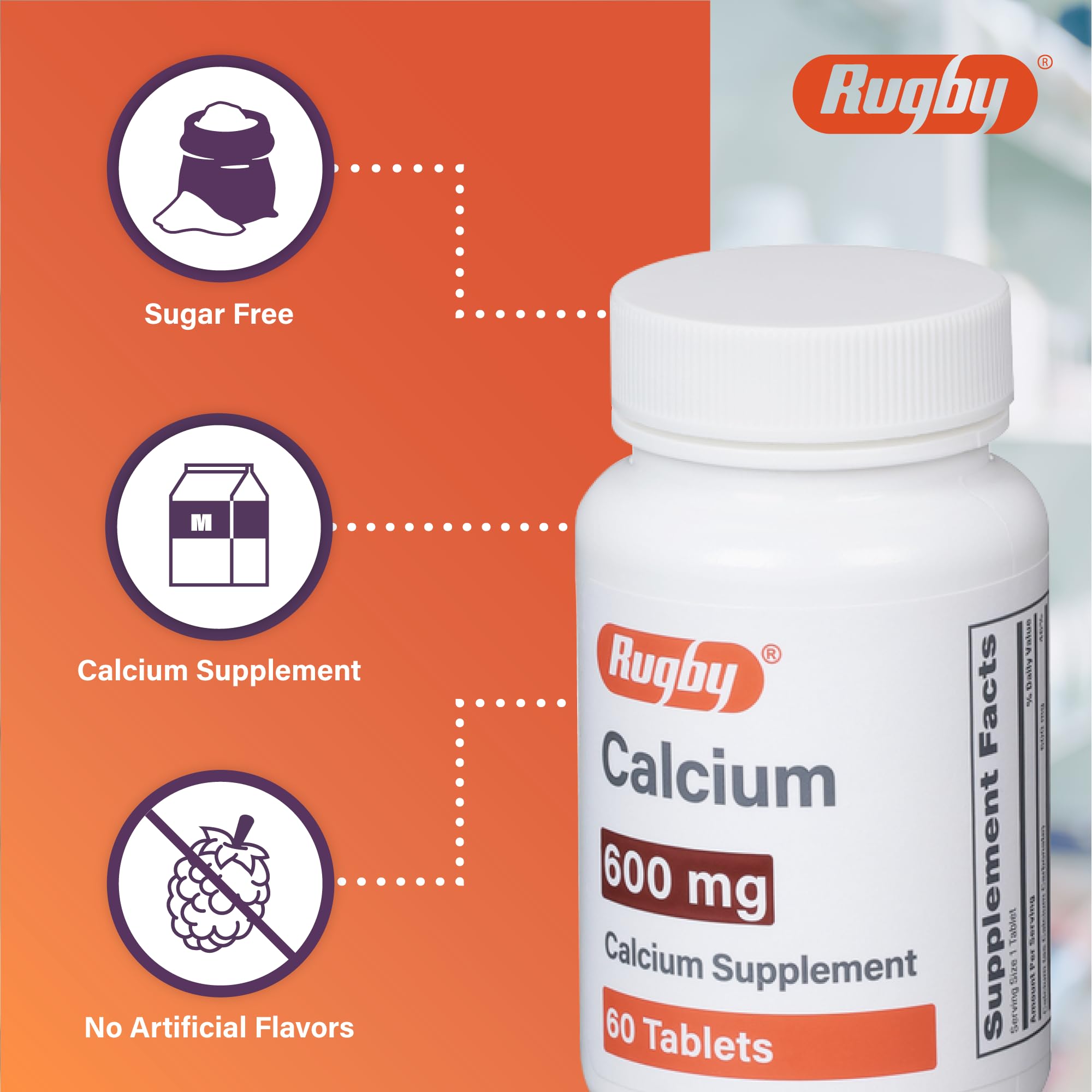 Rugby Laboratories calcium tablets bottle closeup highlights 600 mg content.