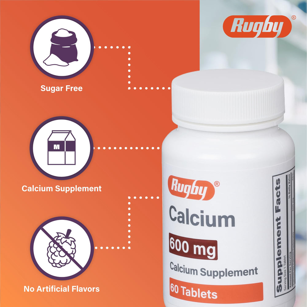 Rugby Laboratories calcium tablets bottle closeup highlights 600 mg content.