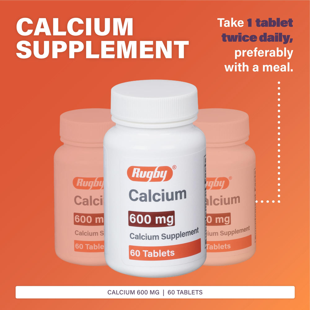 Rugby Laboratories calcium tablets dosage illustration shows taking one tablet with meals.