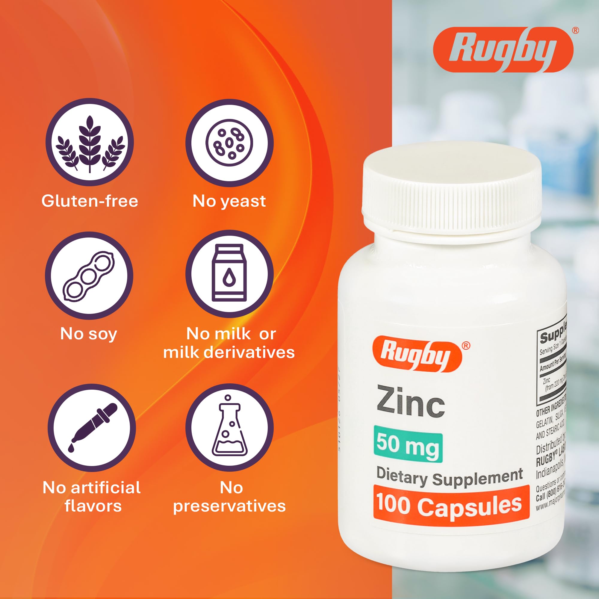 Rugby Laboratories logo on zinc supplement packaging.