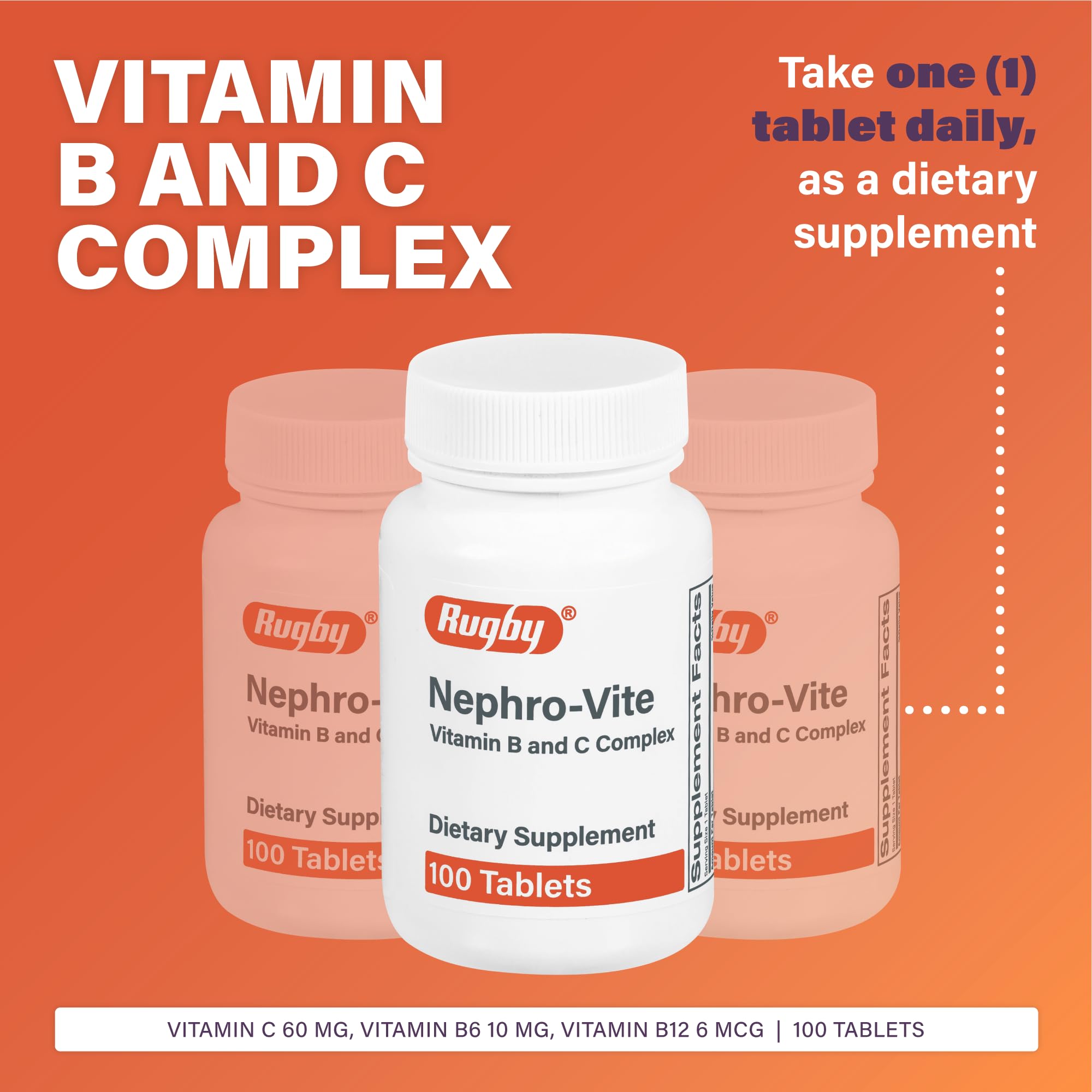 Rugby Laboratories Nephro-Vite bottle back with adult dosage guidance.