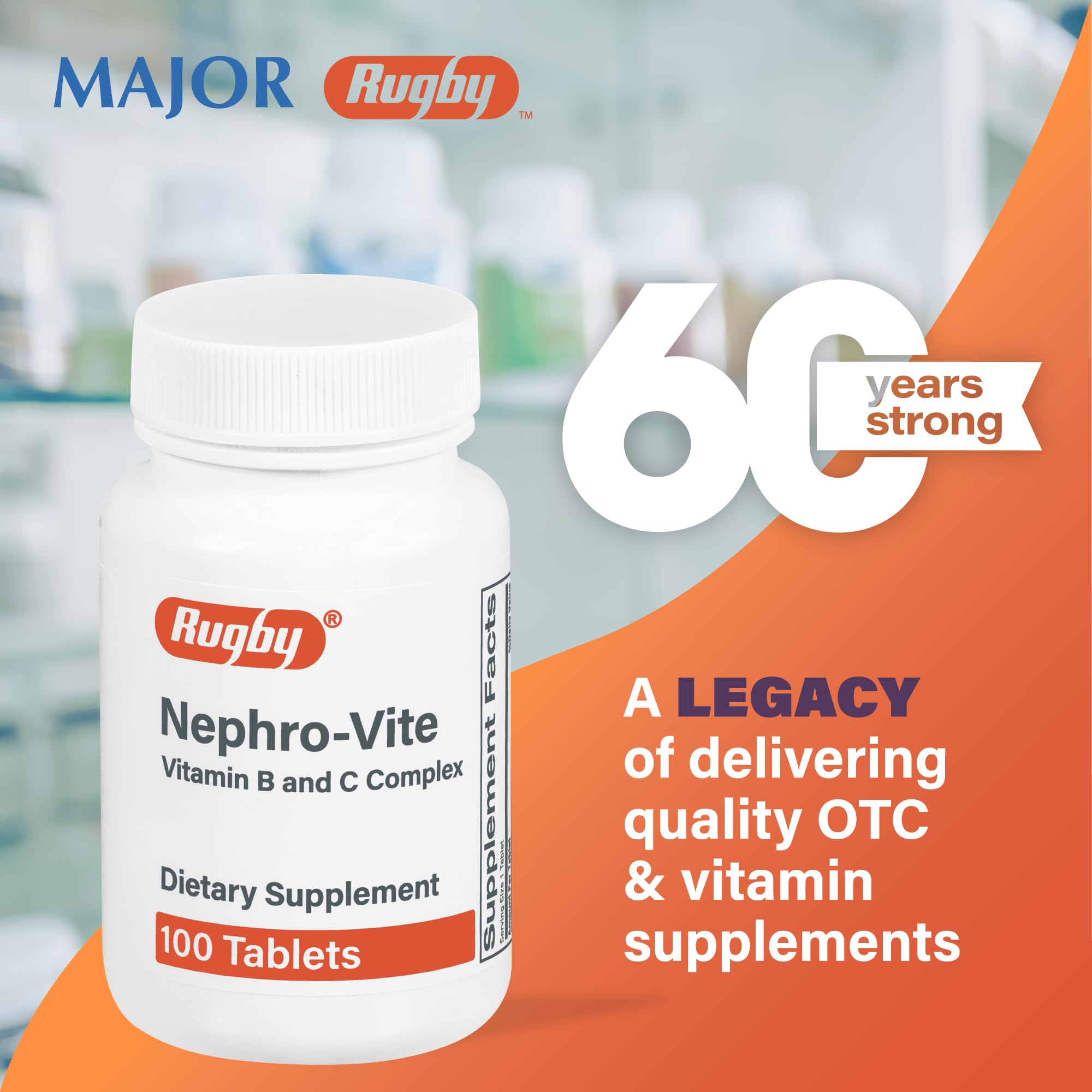 Rugby Laboratories Nephro-Vite tablets close-up highlighting tablet shape and label.