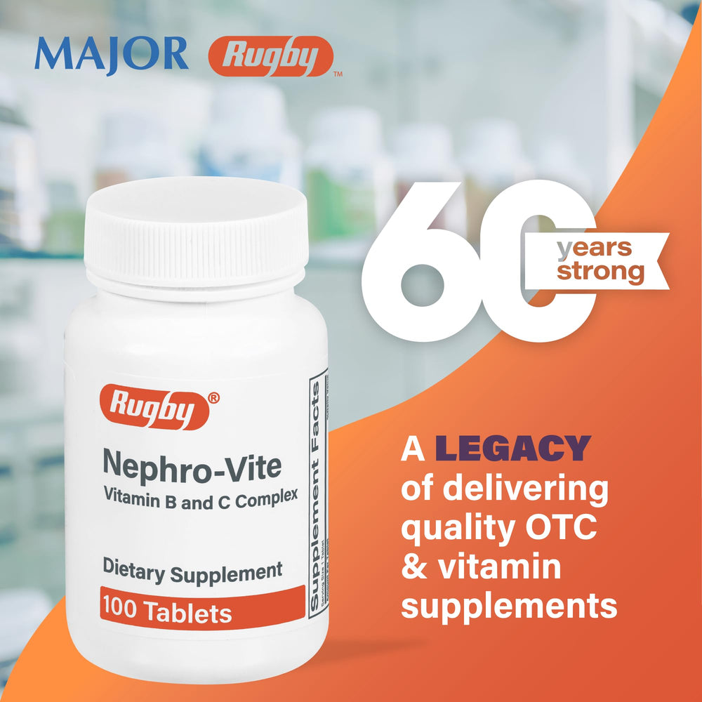 Rugby Laboratories Nephro-Vite tablets close-up highlighting tablet shape and label.