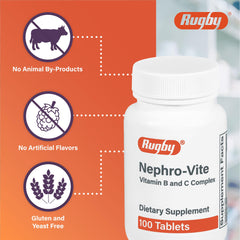Rugby Laboratories Nephro-Vite tablets poured into a glass for daily use.