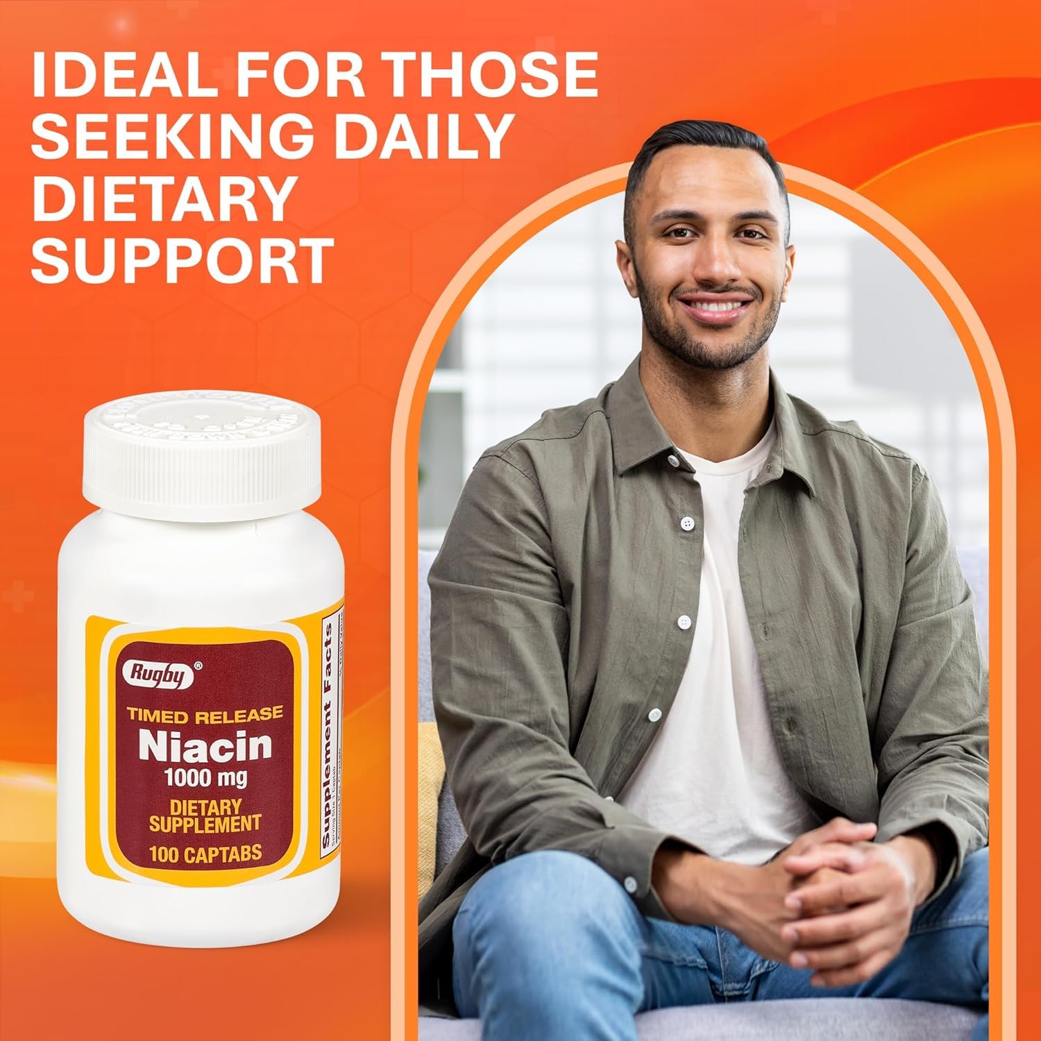 Rugby Laboratories Niacin bottle on a kitchen counter for daily routine.