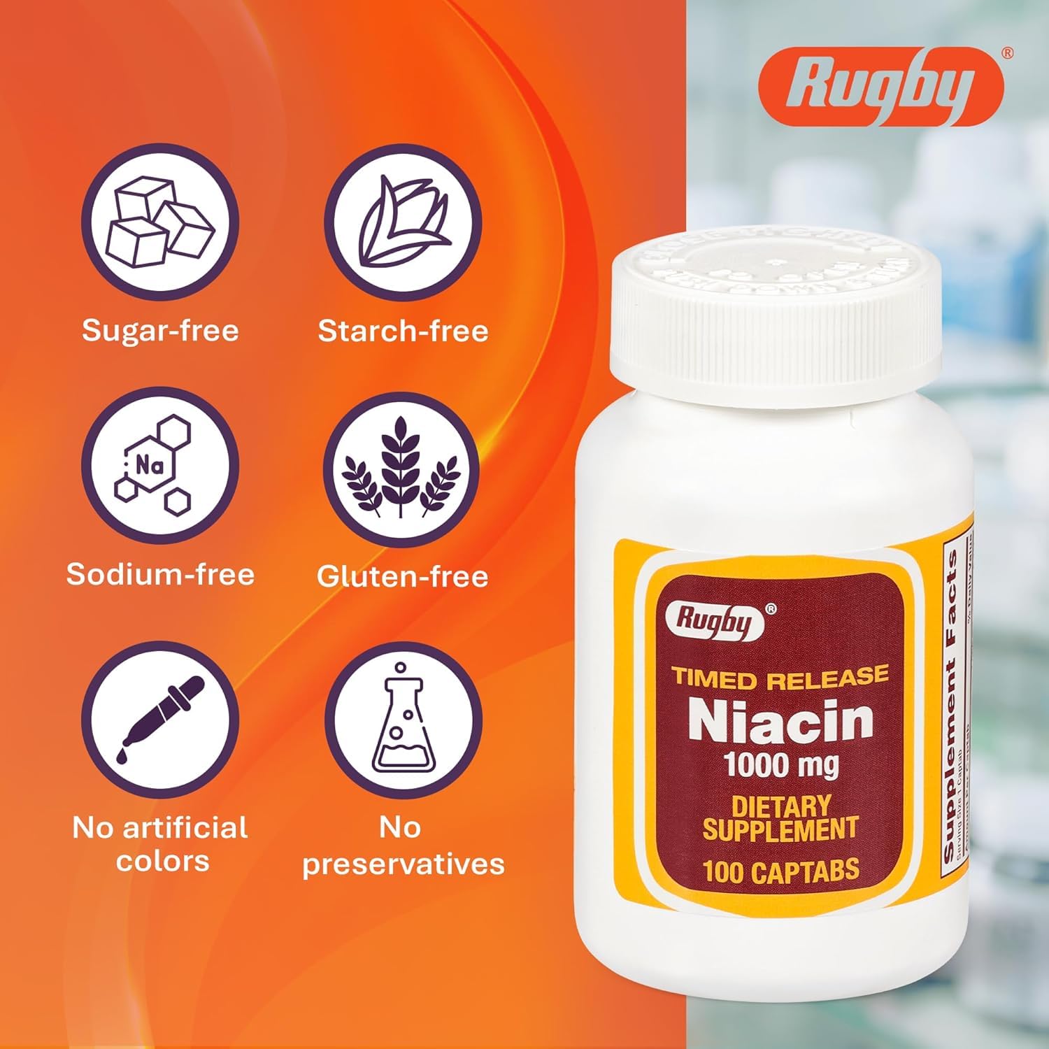 Rugby Laboratories Niacin label closeup emphasizes timed-release feature.