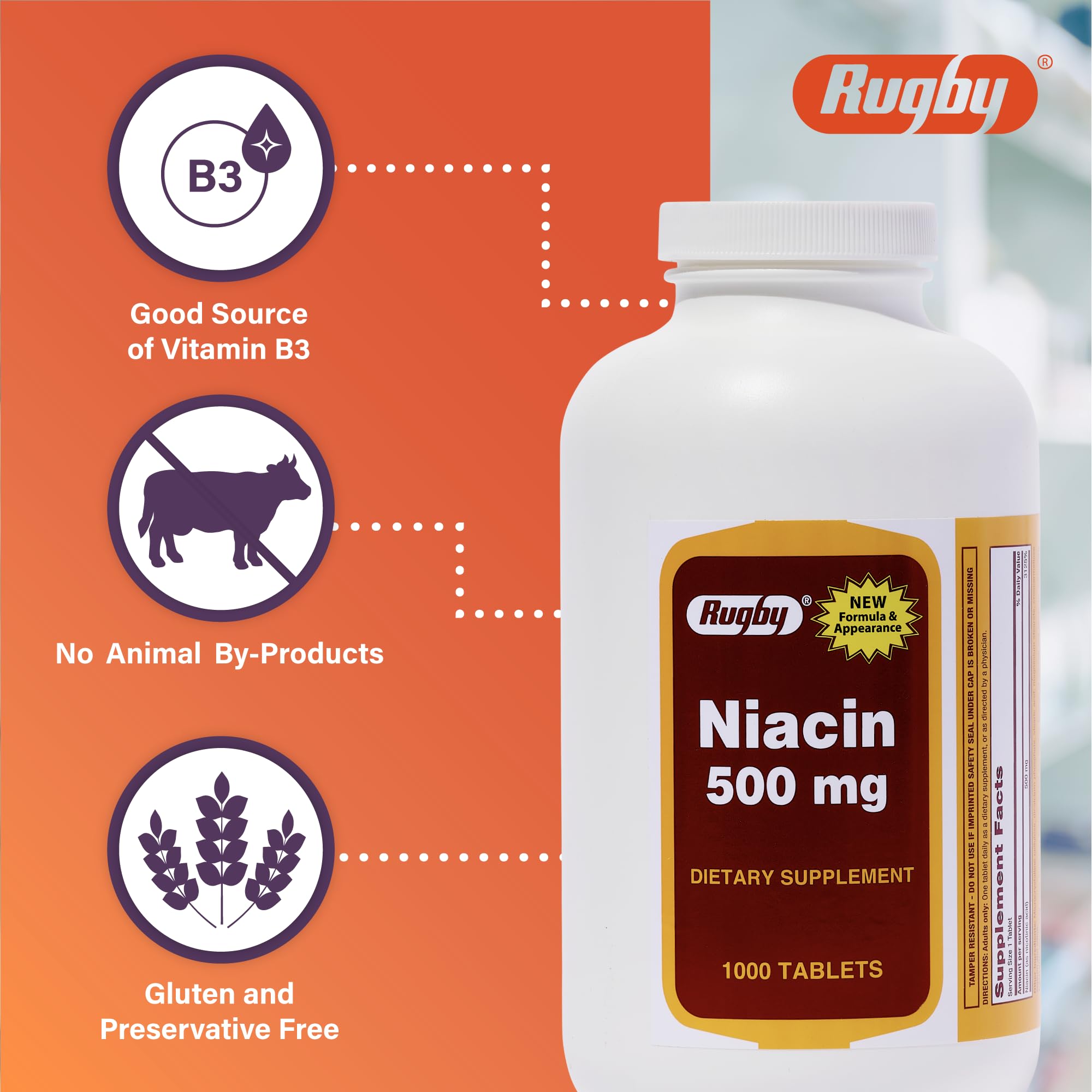 RUGBY LABORATORIES logo beside Niacin packaging for quality