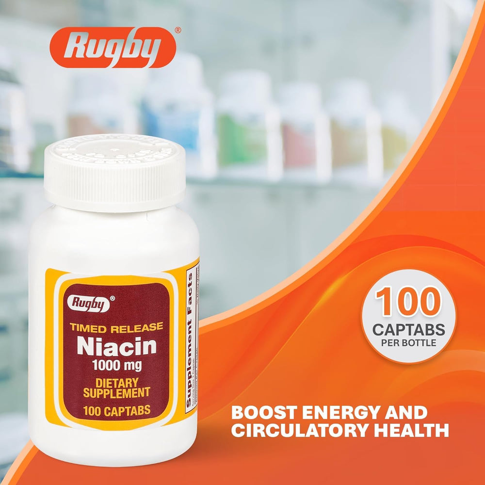 Rugby Laboratories Niacin tablets closeup highlighting smooth release.