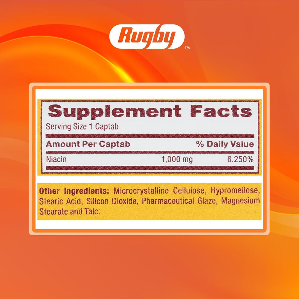 Rugby Laboratories Niacin tablets in hand suggest simple daily intake.
