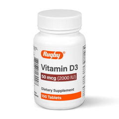 Rugby Laboratories Vitamin D3 2000 IU bottle front view for daily bone and immune support.