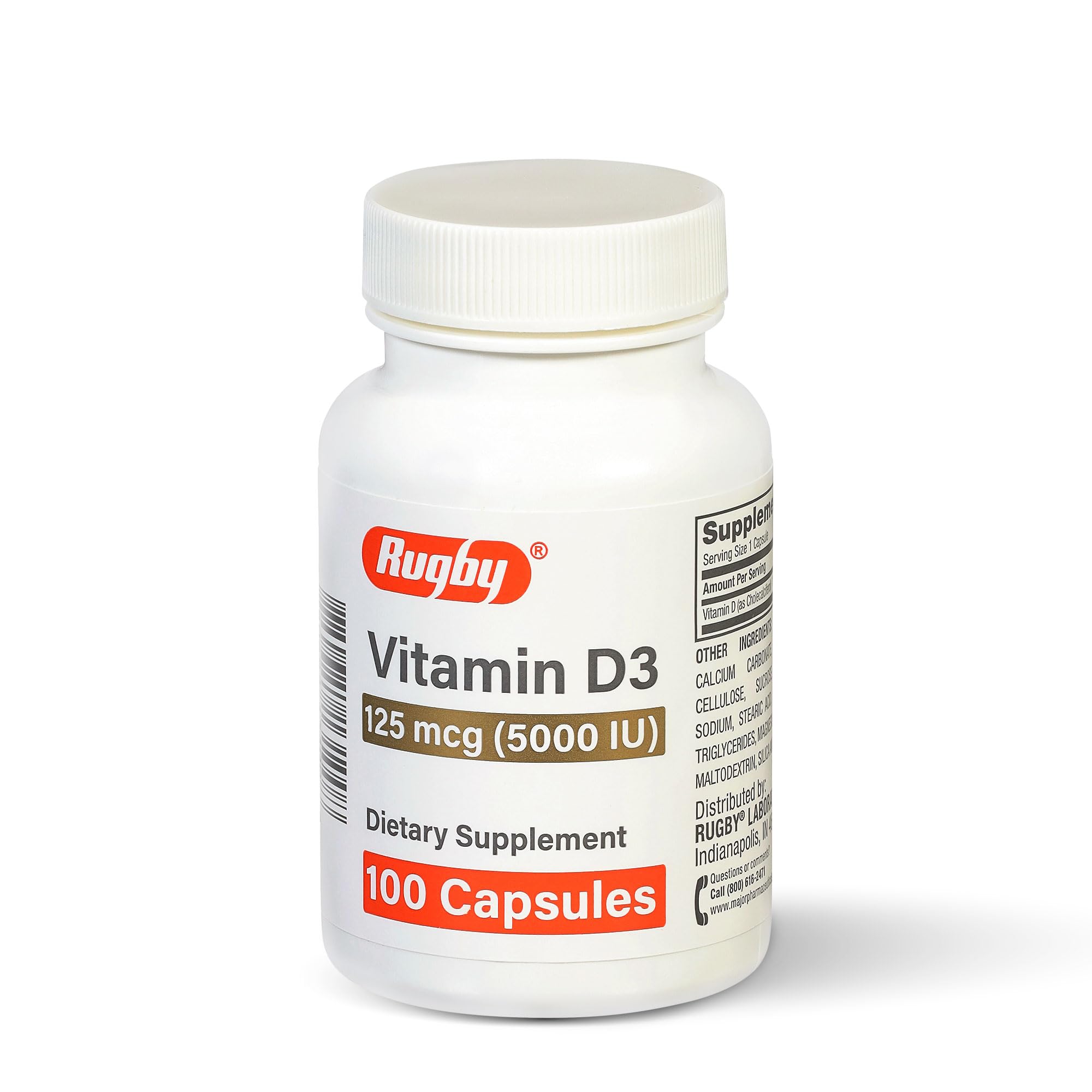 Rugby Laboratories Vitamin D3 5000 IU bottle closeup for immune support and bone health.