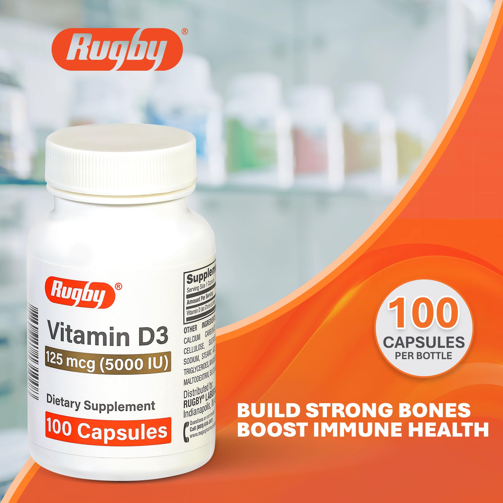 Rugby Laboratories Vitamin D3 capsules closeup showing easy-to-swallow capsules.