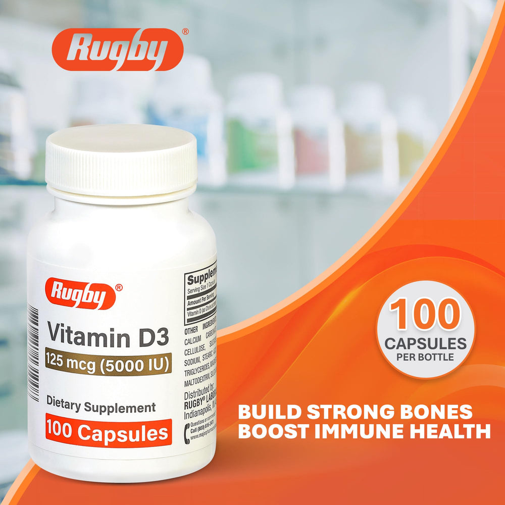 Rugby Laboratories Vitamin D3 capsules closeup showing easy-to-swallow capsules.