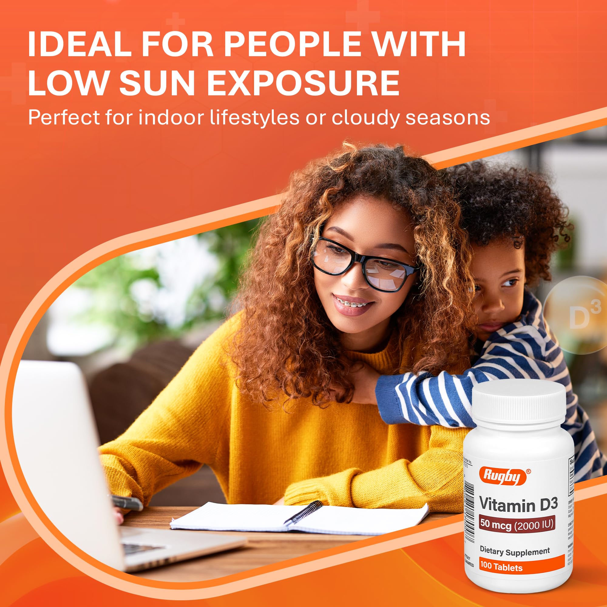 Rugby Laboratories Vitamin D3 bone health scene communicates calcium absorption benefits.