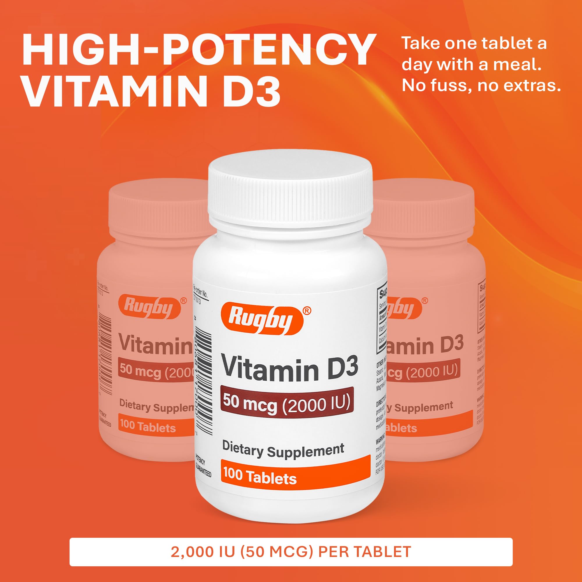 Rugby Laboratories Vitamin D3 bottle with meal pairing ideal for daily routines.