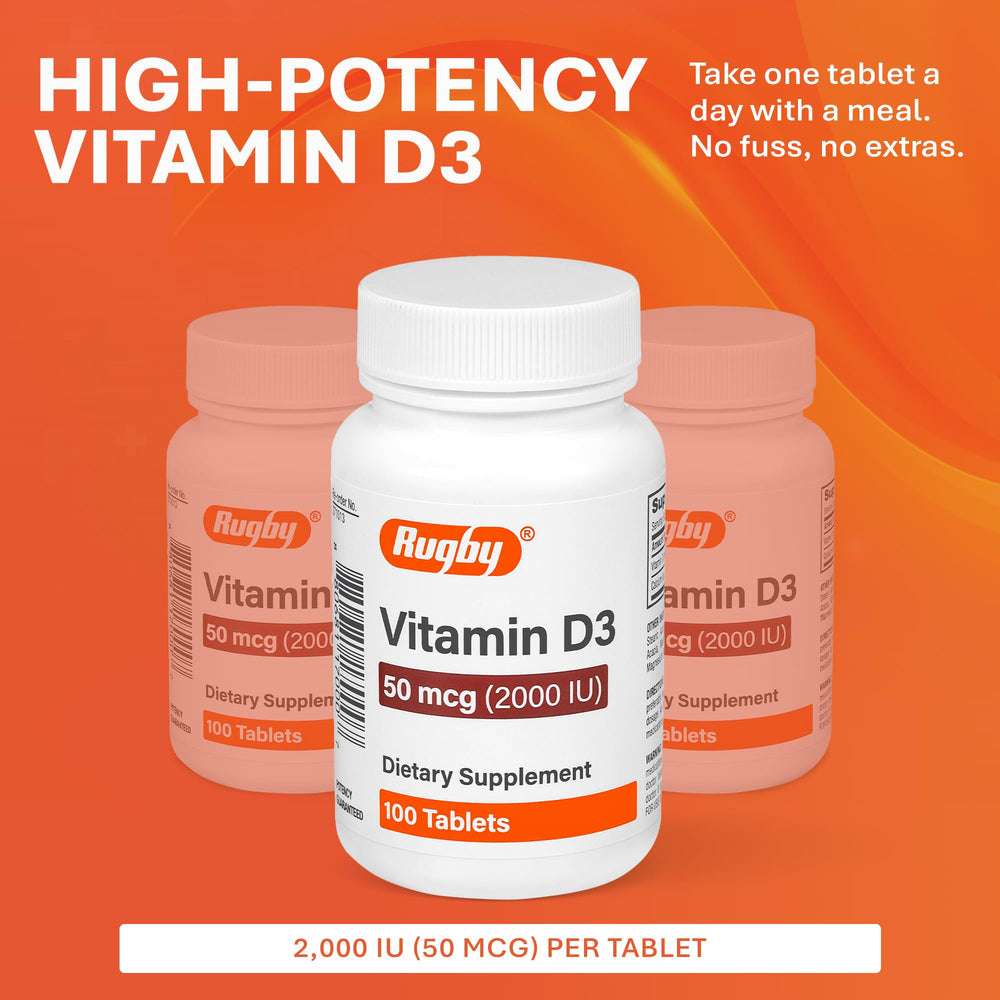 Rugby Laboratories Vitamin D3 bottle with meal pairing ideal for daily routines.
