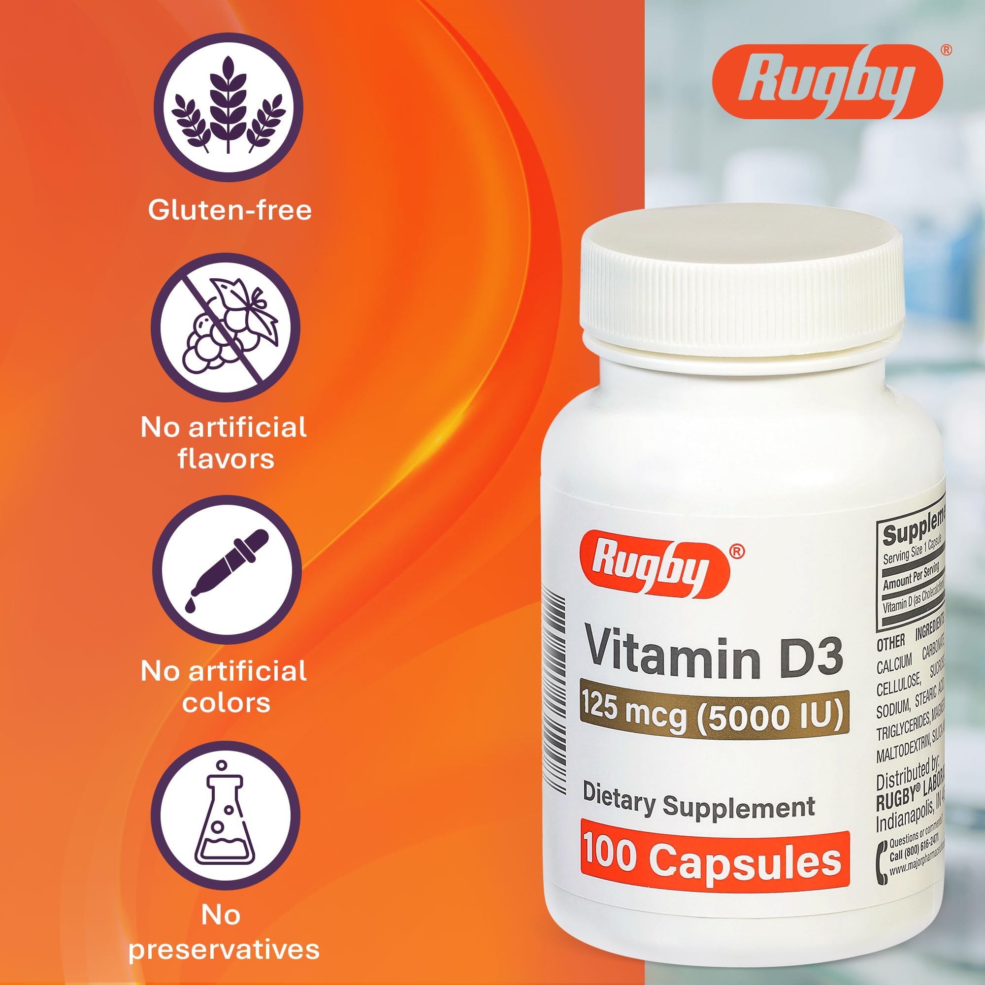Rugby Laboratories Vitamin D3 dosage measurement on bottle label.
