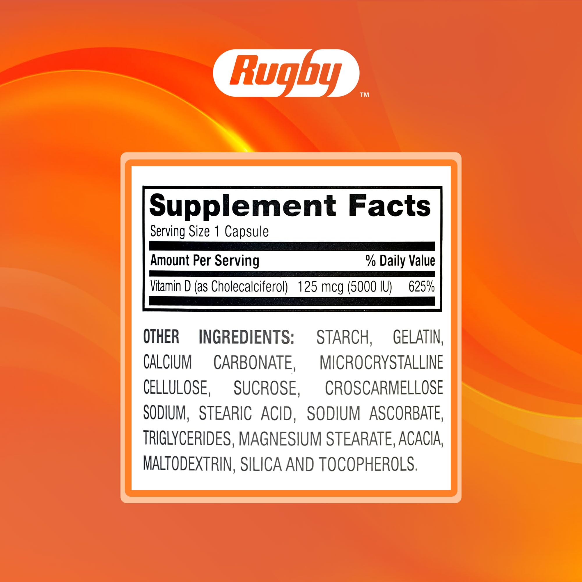 Rugby Laboratories Vitamin D3 gluten-free label on bottle helps allergen-conscious users.