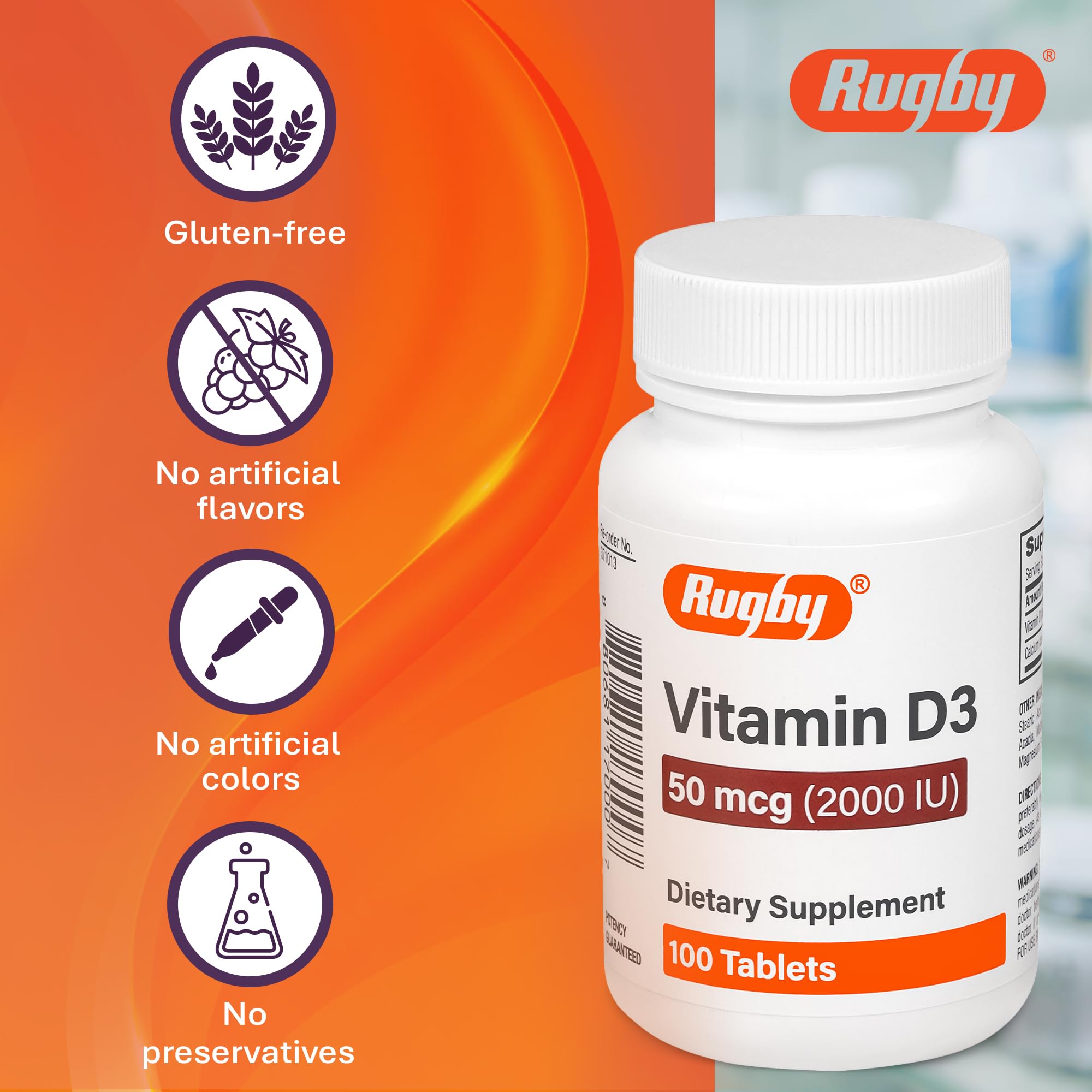 Rugby Laboratories Vitamin D3 gluten-free label highlights allergen-friendly daily supplement.