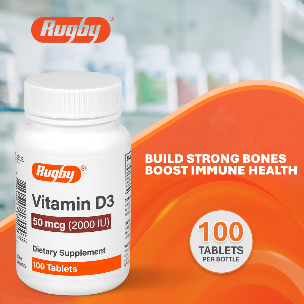 Rugby Laboratories Vitamin D3 tablets closeup showing texture and potency for everyday use.