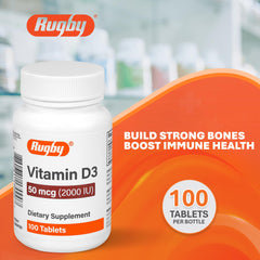 Rugby Laboratories Vitamin D3 tablets closeup showing texture and potency for everyday use.